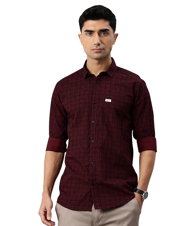 Slim fit maroon check shirt