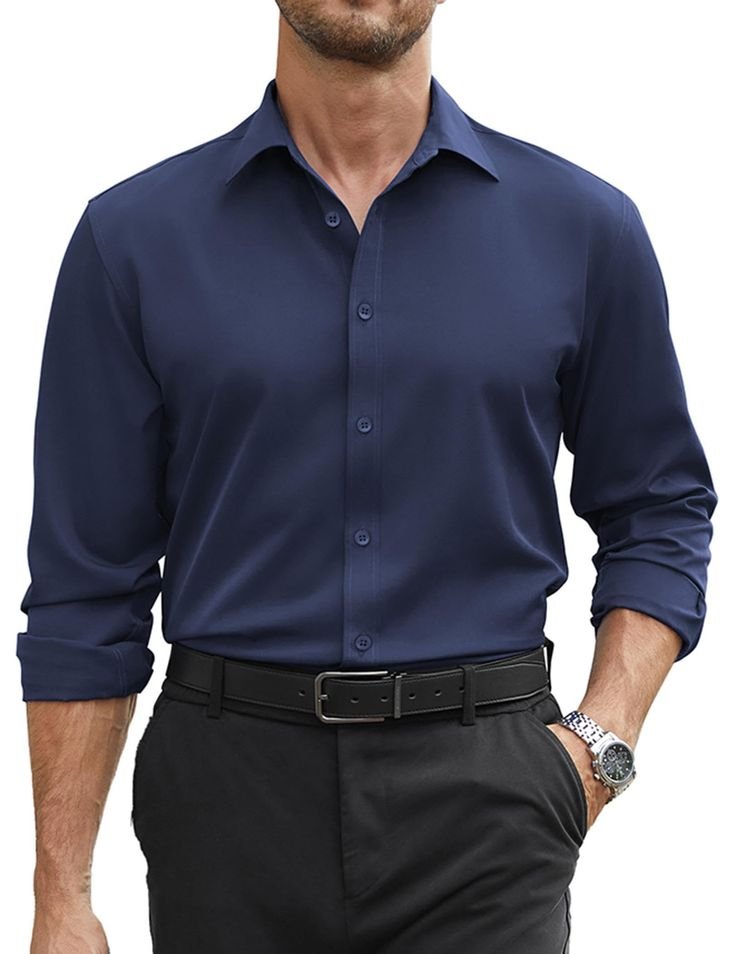 Navy blue slim-fit cotton formal shirt for men